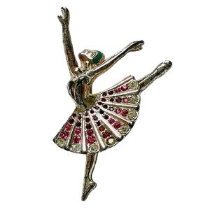 Vintage Signed Monet Silver Plated Ballerina Brooch With Rhinestones